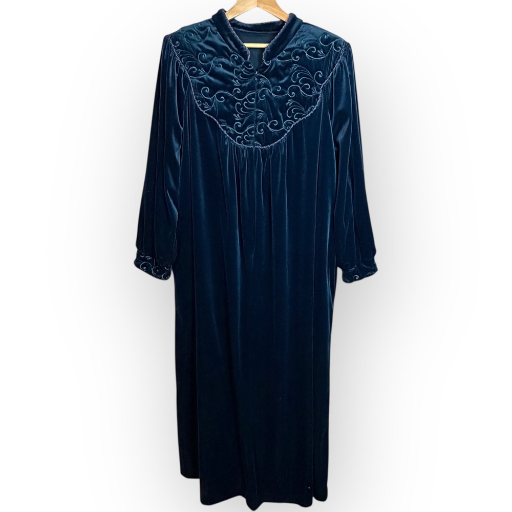 Delicates Velour Robe Full Length Embroidered Blue jewel tone Loungewear Women's